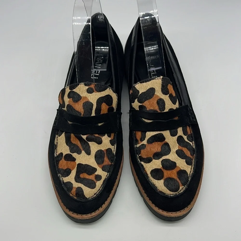 Vaneli - Leopard  Print Tan Pattern Black Suede Slip On Penny Loafers Size 8